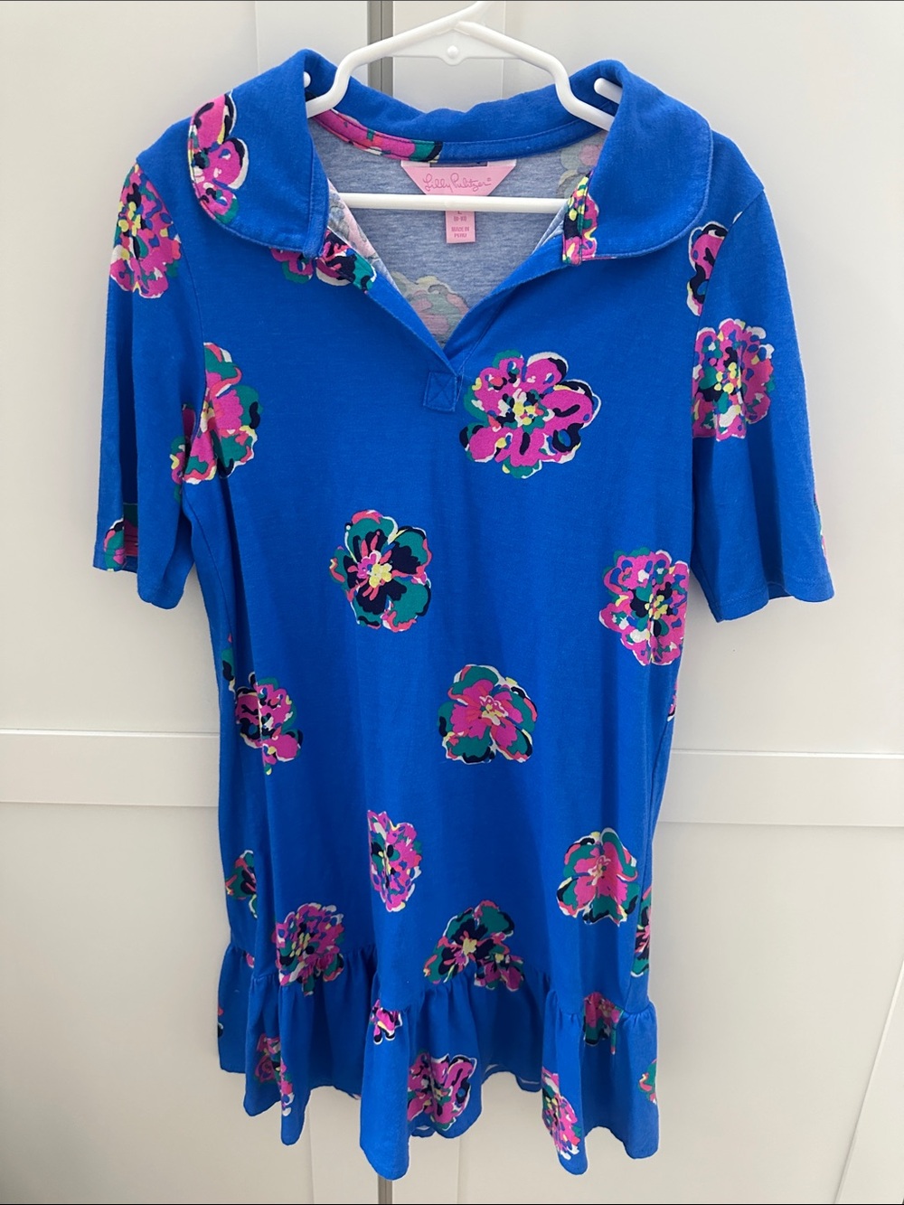 Lilly Pulitzer Royal Blue Polo Dress with Pink Floral Print , Large size 8/10